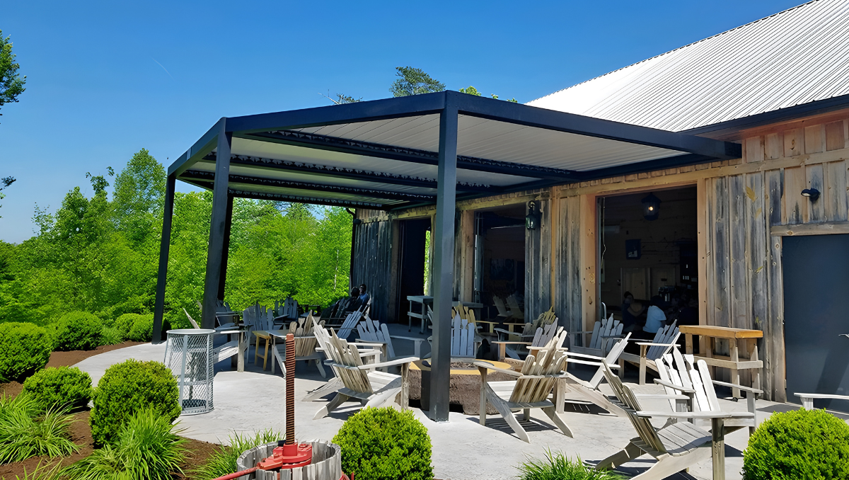 Outdoor pergola shade structure installed at Delaware patio seating area
