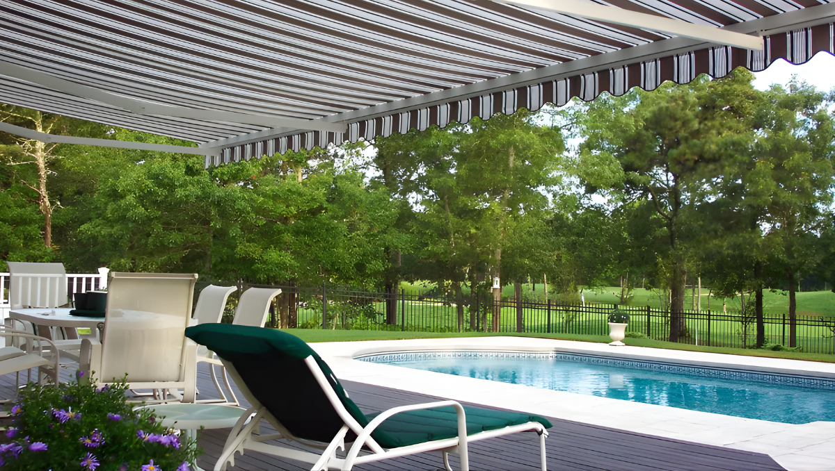 Retractable awning shading pool patio in Ocean Pines Maryland