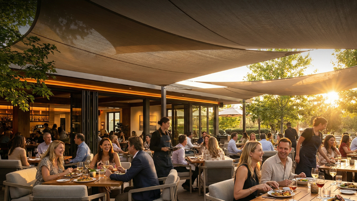Upscale Outdoor Restaurant Patio with Commercial Shade Sails Guests enjoying dinner at an upscale outdoor restaurant patio beneath large commercial shade sails during golden hour with warm lighting and modern outdoor seating.