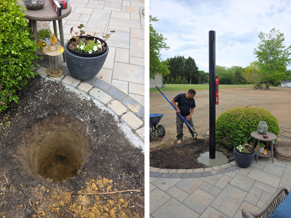 Deep concrete footing and engineered steel support post installed for a custom shade sail system.